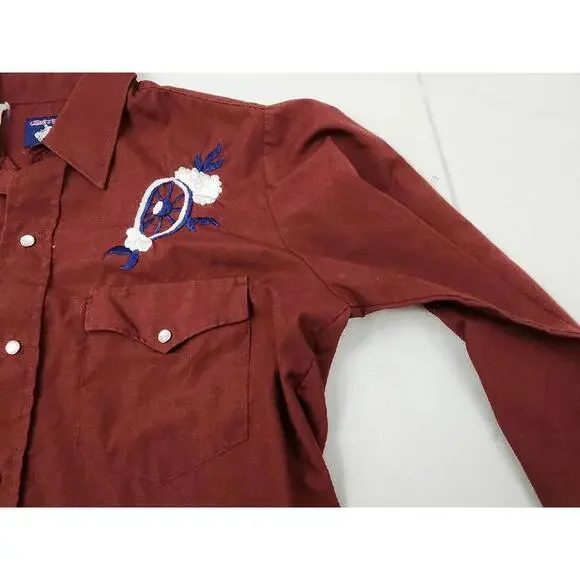 Vintage Men’s Medium Chute Red Maroon Western Pearl Snap Embroidered Wagon Shirt - Picture 8 of 15